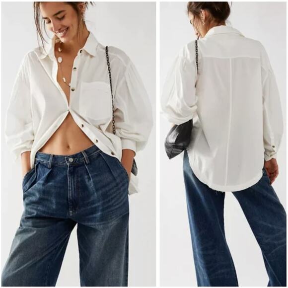 WE THE FREE Happy Hour Button Up Shirt Womens S White Boxy Oversized Puff Sleeve - Picture 4 of 11